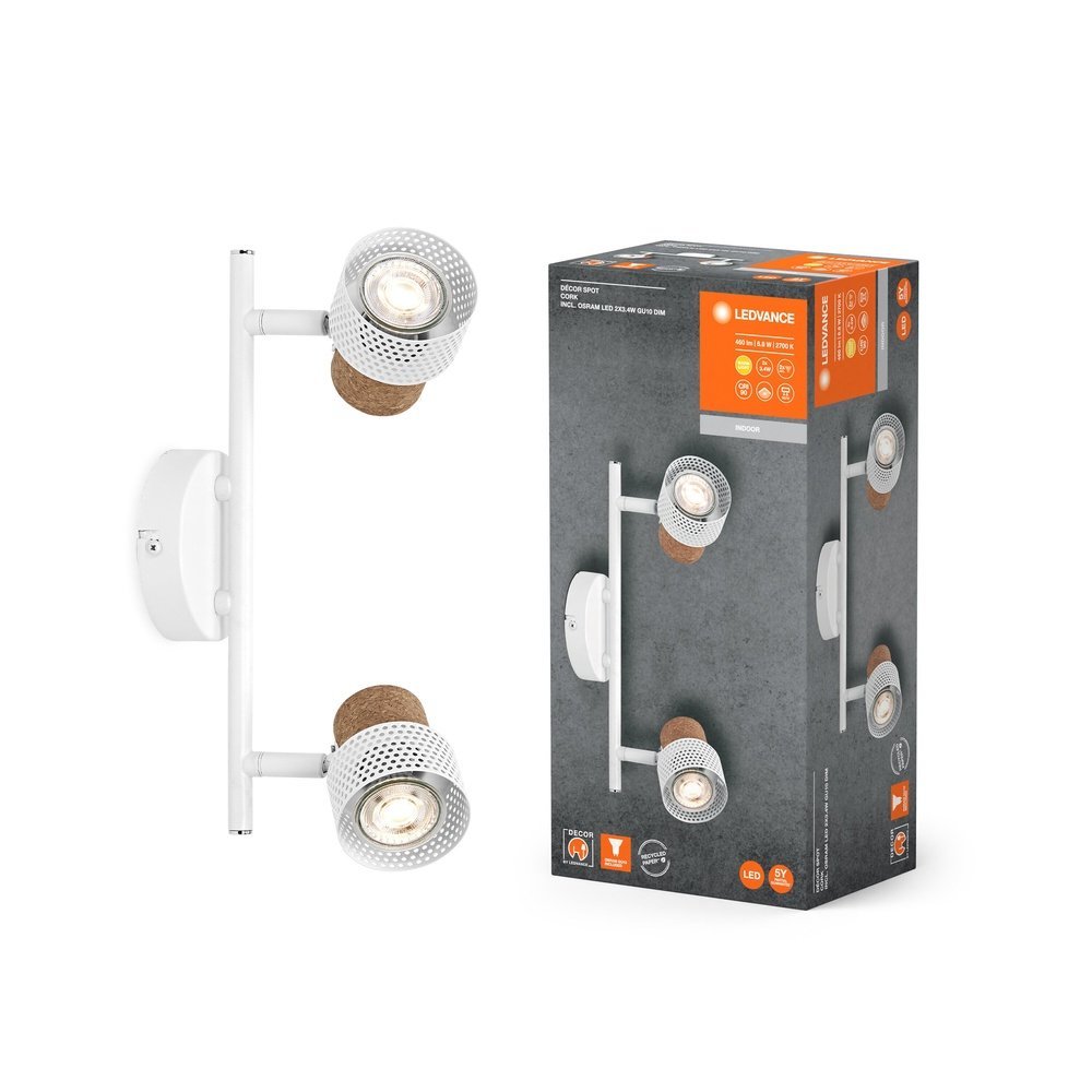 Bílé LED nástěnné svítidlo GU10 6,8 W 2 SPOT CORK, teplá bílá