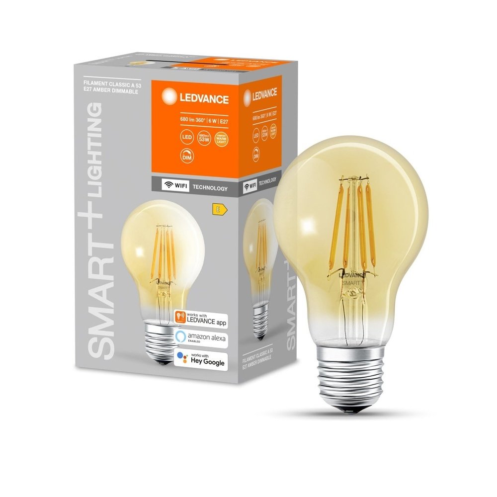 Jantarová stmívatelná LED WiFi žárovka E27 6 W FILAMENT, teplá bílá
