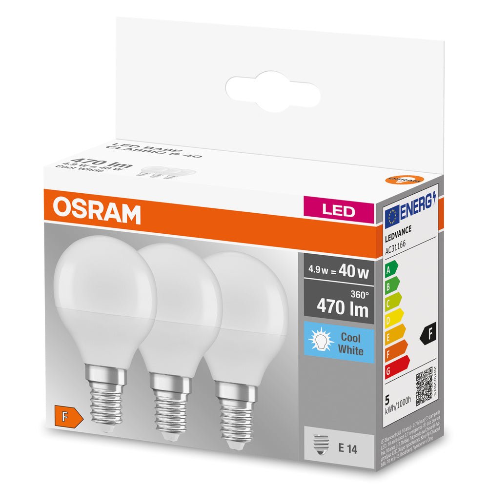 3ks klasická LED žárovka BASE CLAS P E14 4.9 W, studená bílá