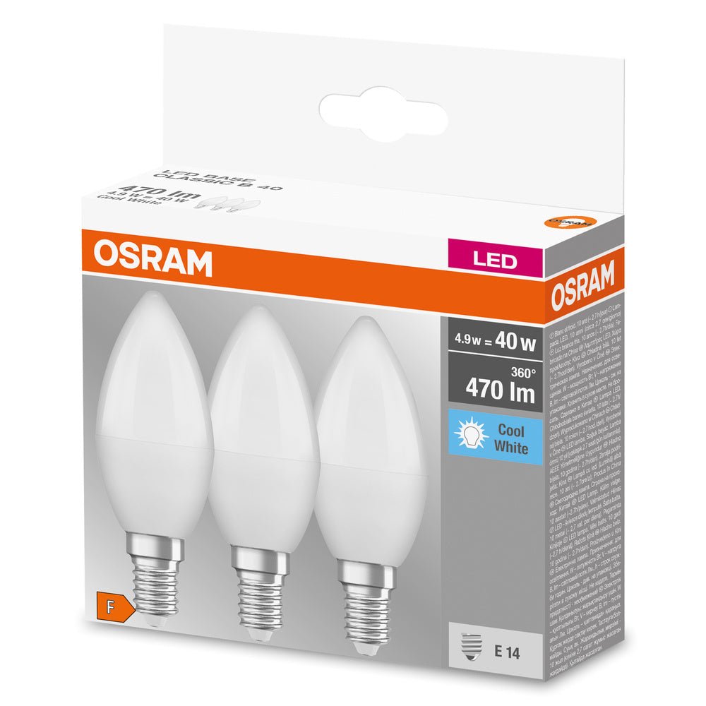 3ks klasická LED žárovka svíčka BASE CLAS E14 4.9W, studená bílá