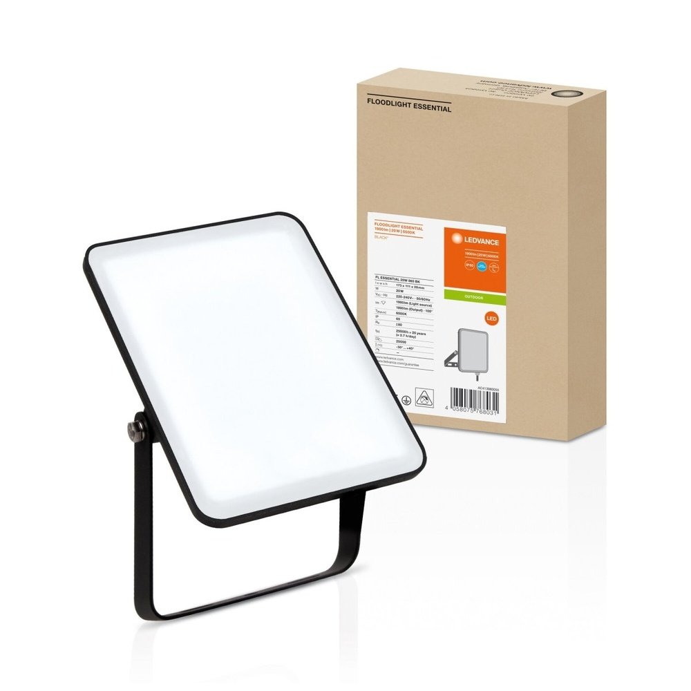 Černý venkovní LED reflektor ESSENTIAL 20 W, denní světlo