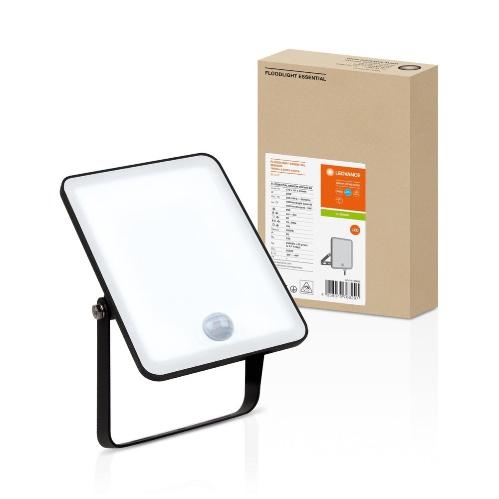 Černý venkovní LED reflektor ESSENTIAL 20 W se senzorem, denní světlo