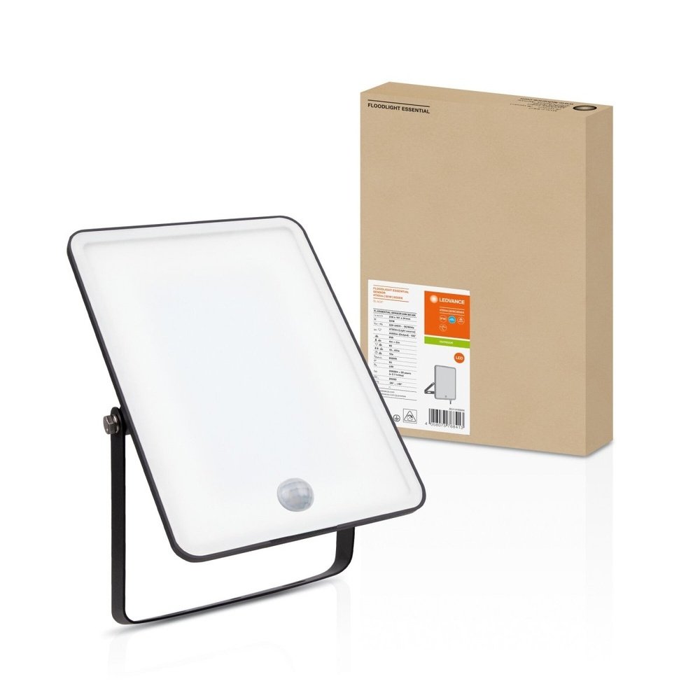 Černý venkovní LED reflektor ESSENTIAL 50 W se senzorem, denní světlo