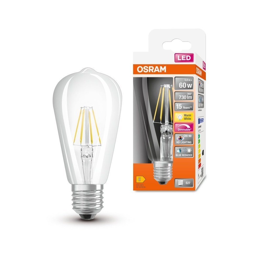LED žárovka s redukcí modrého světla E27 5,8 W EDISON, teplá bílá