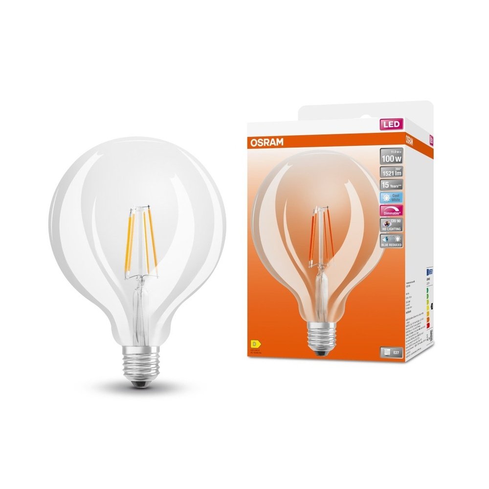 Průhledná LED stmívatelná žárovka E27 11 W PLUS GLOBE, studená bílá