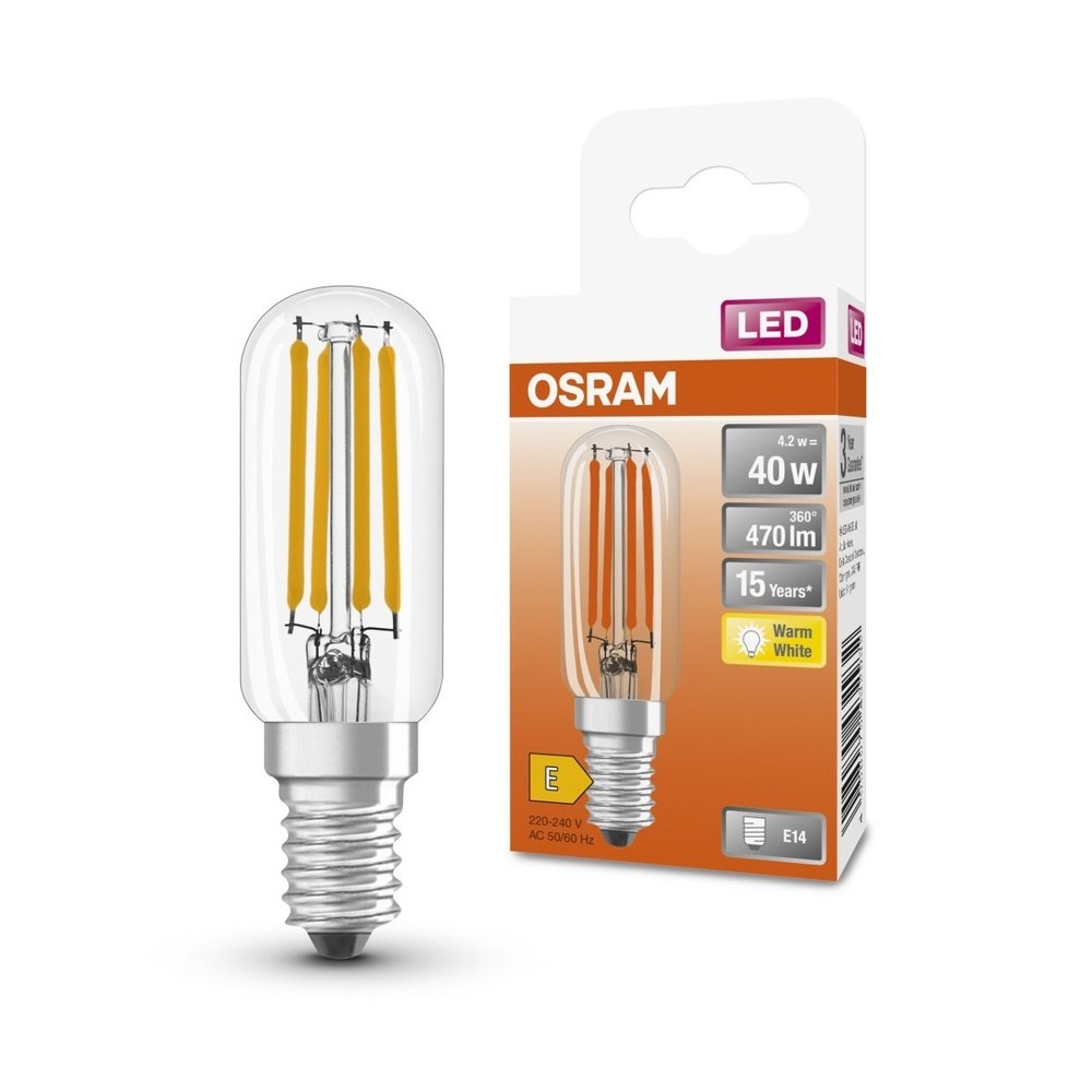 Průhledná LED žárovka E14 4,2 W SPECIAL T26, teplá bílá