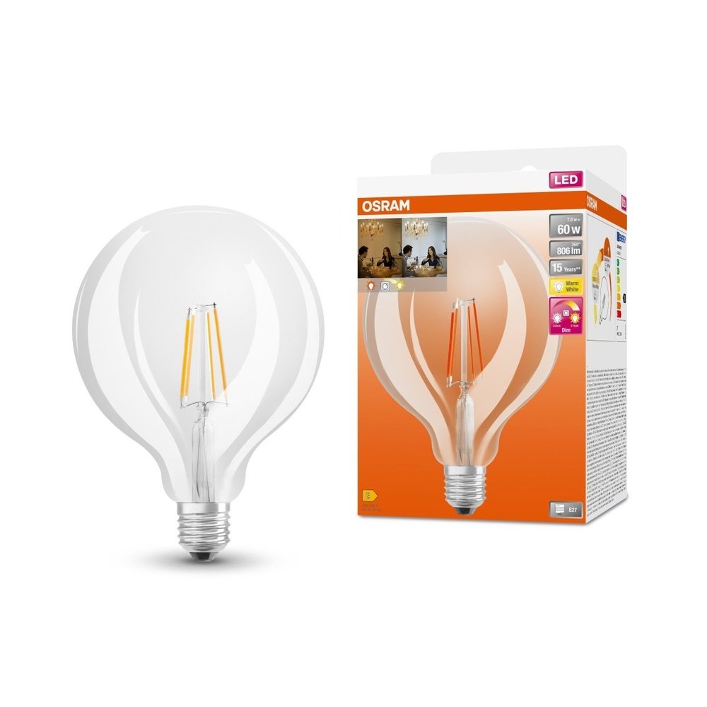 Průhledná LED žárovka E27 6,5 W GLOWDIM GLOBE, teplá bílá