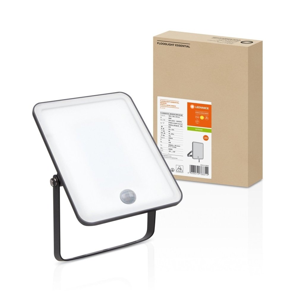 Černý venkovní LED reflektor ESSENTIAL 30 W se senzorem, teplá bílá