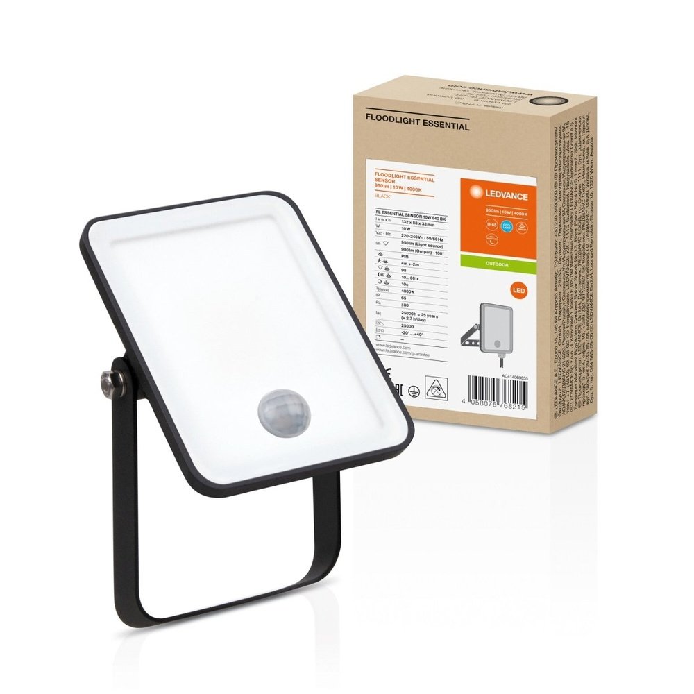 Černý venkovní LED reflektor ESSENTIAL 10 W se senzorem, studená bílá