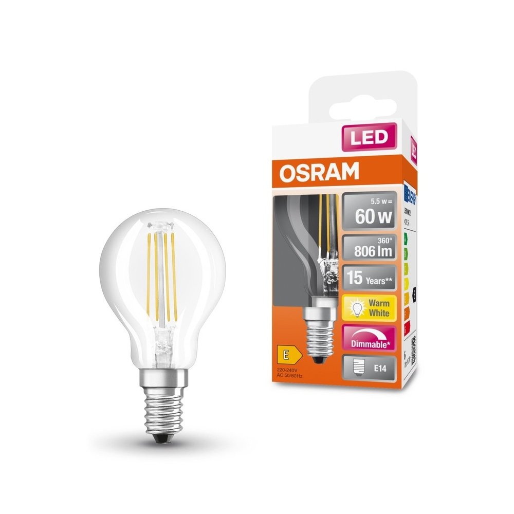 Stmívatelná LED průhledná žárovka E14 6,5 W CLASSIC P, teplá bílá