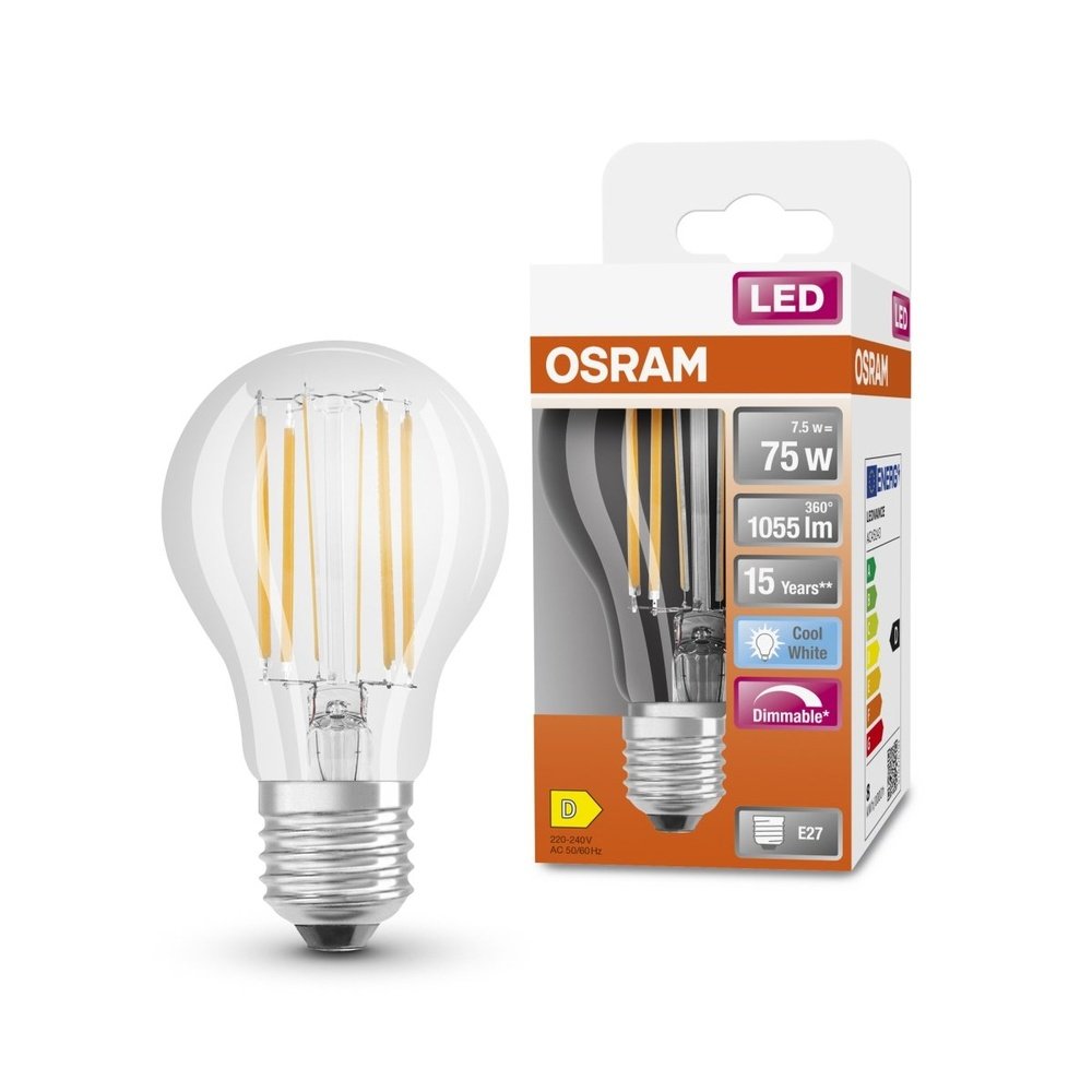 Stmívatelná LED průhledná žárovka E27 7,5 W CLASSIC A, studená bílá
